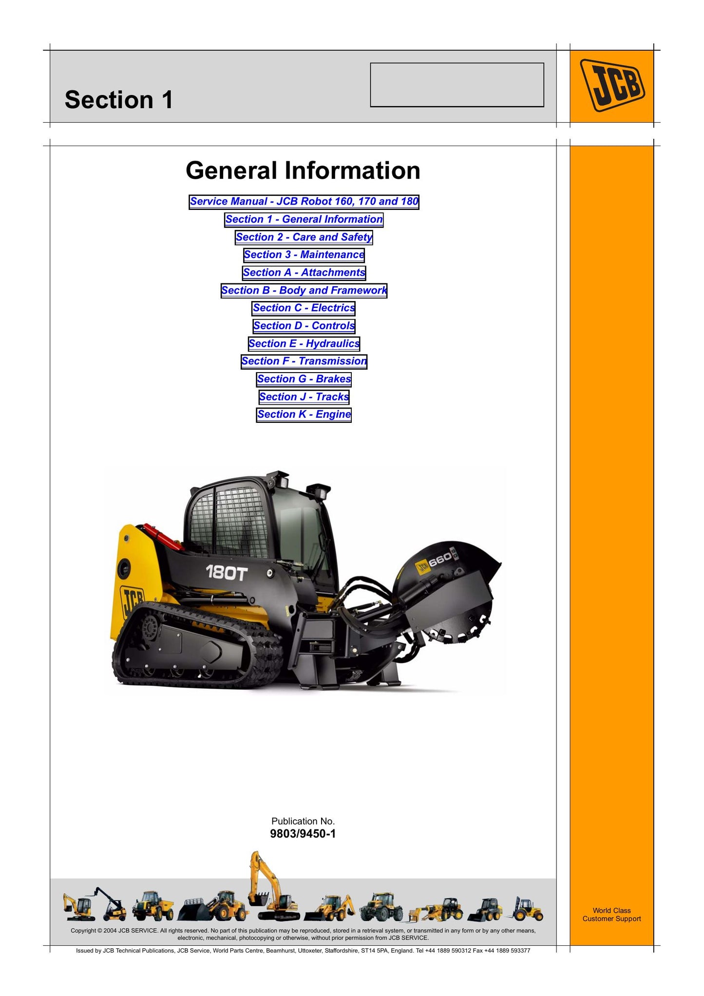 JCB Robot 160 170 180 Skid Steer Loader Factory Workshop Service Manual 9803/9450-1