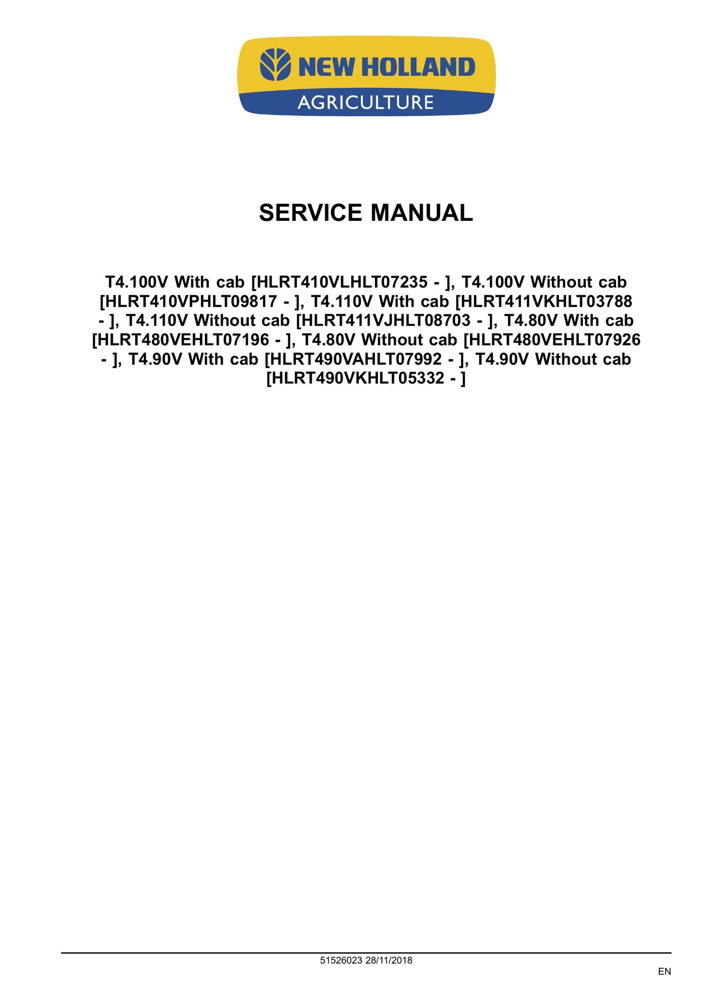 New Holland T4.80V T4.90V T4.100V T4.110V Tractor Factory Workshop Service Manual 51526023