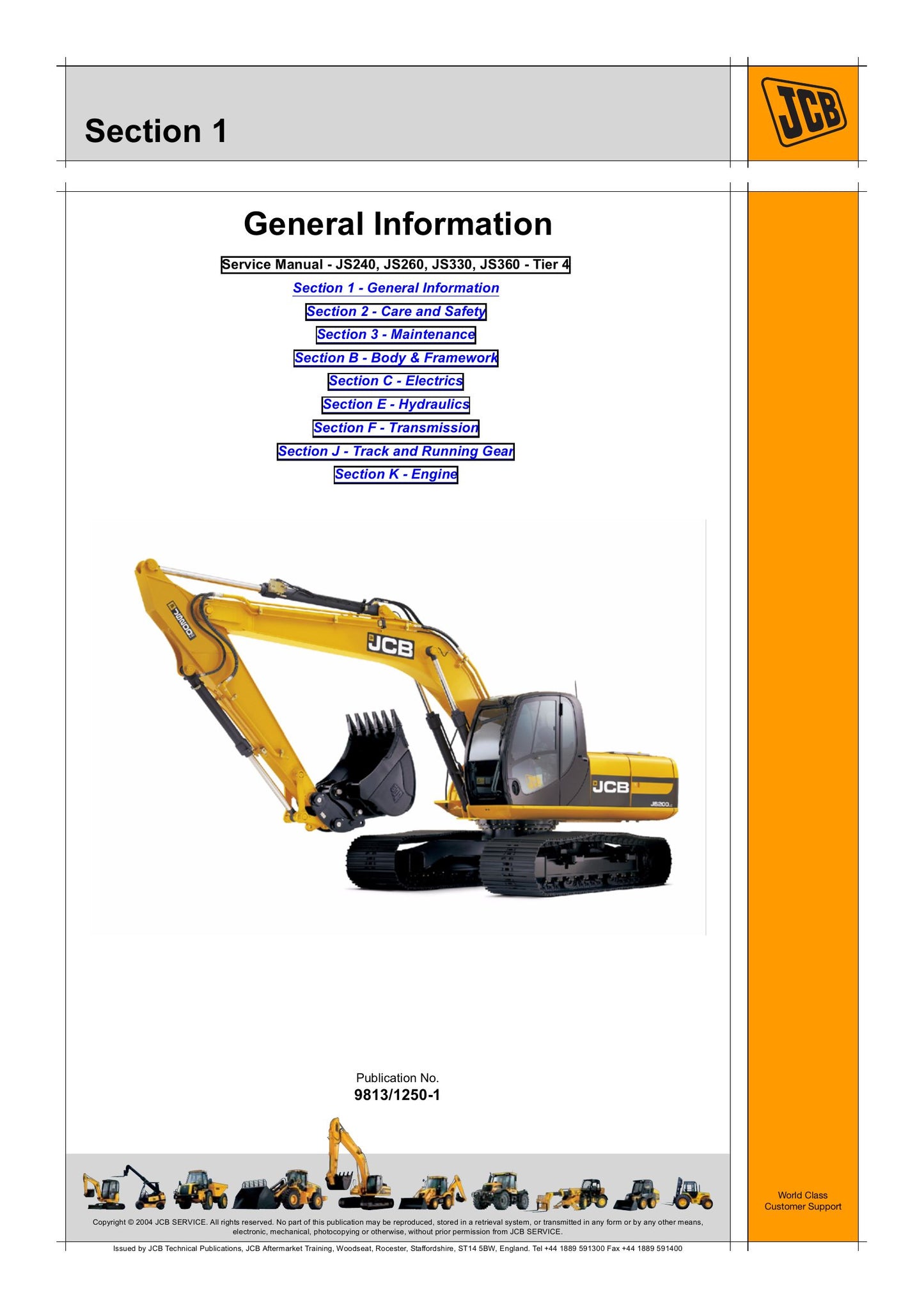 JCB JS240 JS260 JS330 JS360 Crawler Excavator Factory Workshop Service Manual 9813/1250-1