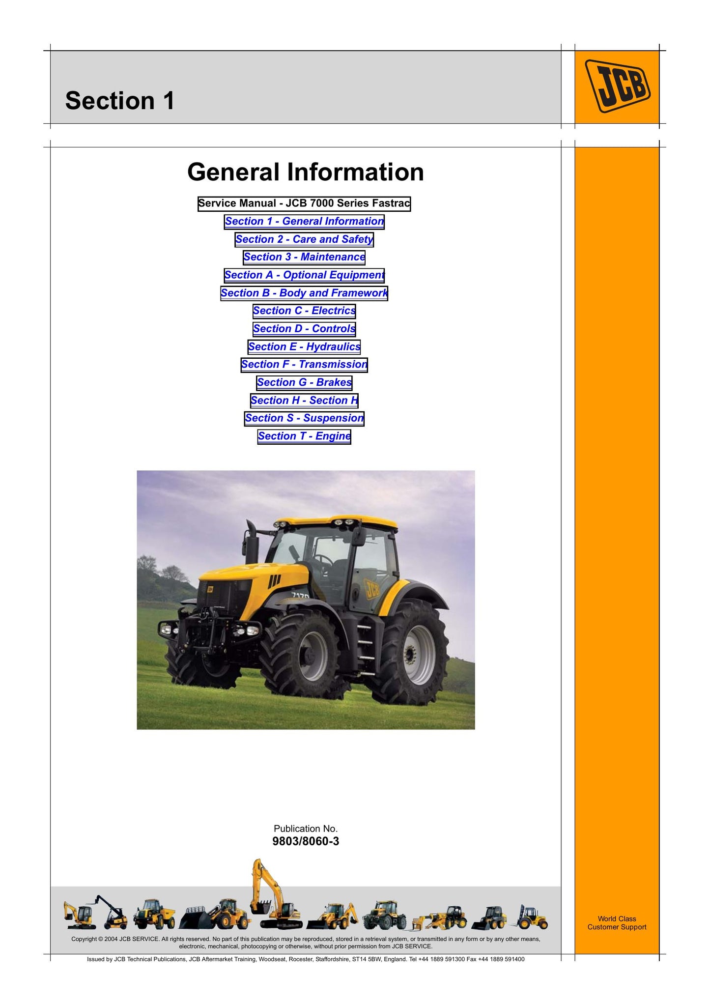 JCB 7230 7200 7270 7000 Series Fastrac Tractor Factory Workshop Service Manual 9803/8060