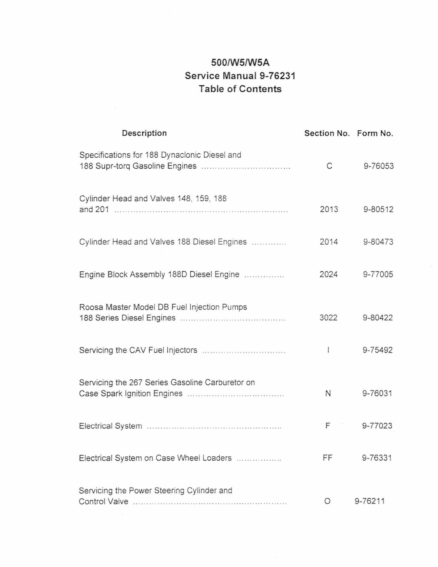 CASE 500 W5 W5A Wheel Loader Factory Workshop Service Manual 9-76231