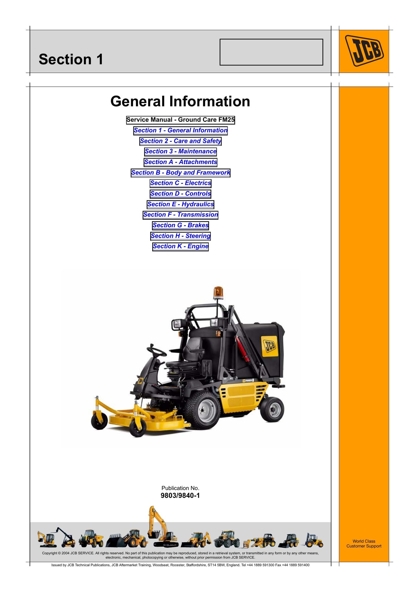 JCB FM25 Ground Care Mower Factory Workshop Service Manual 9803/9840-1