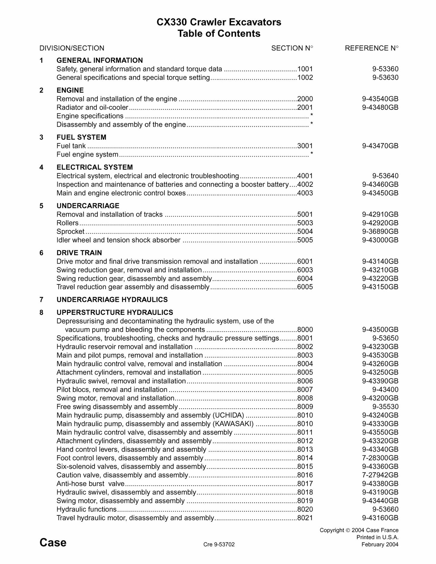 CASE CX330 Crawler Excavator Factory Workshop Service Manual 9-53592