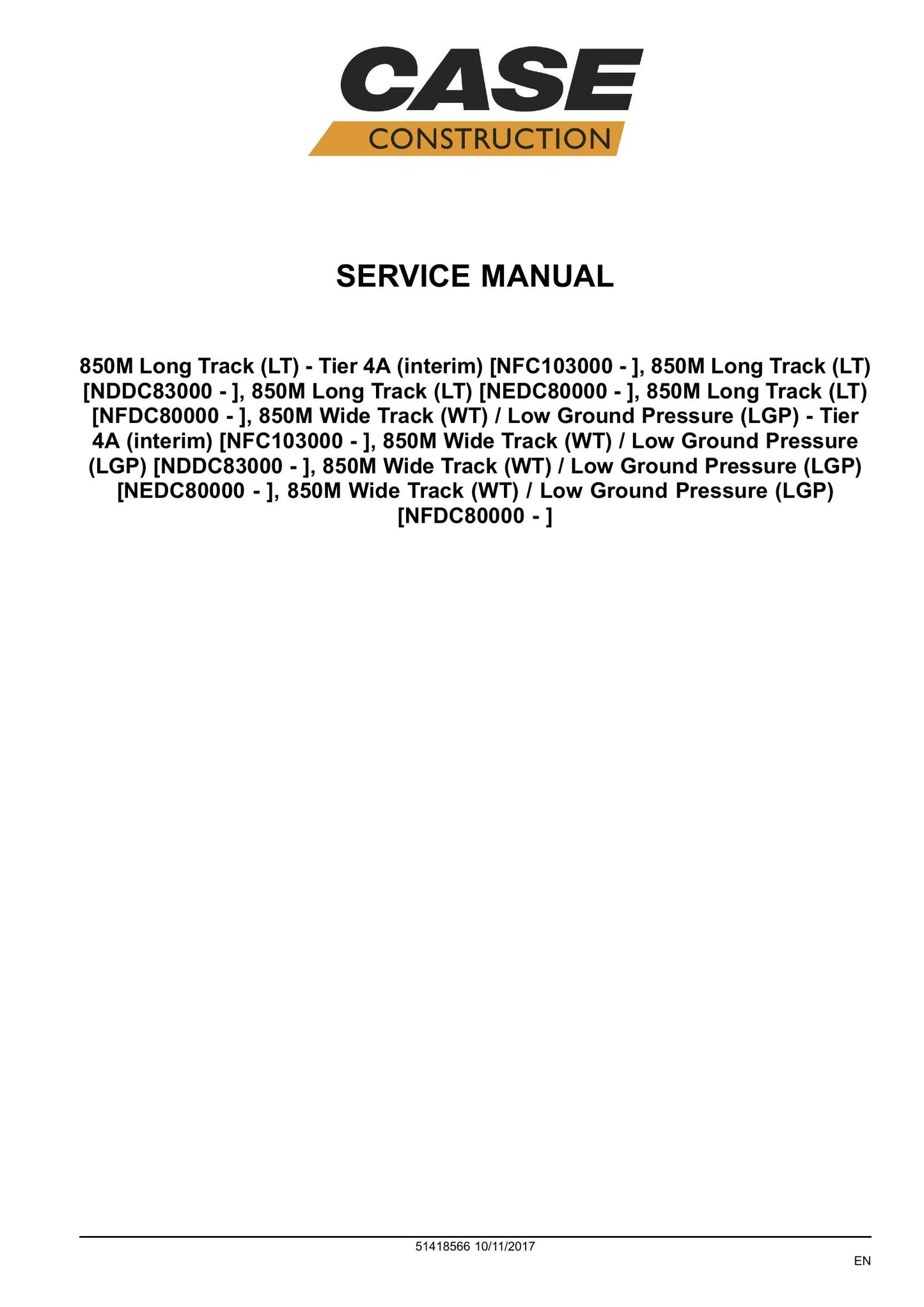 CASE 850M Bulldozer Factory Workshop Service Manual 51418566
