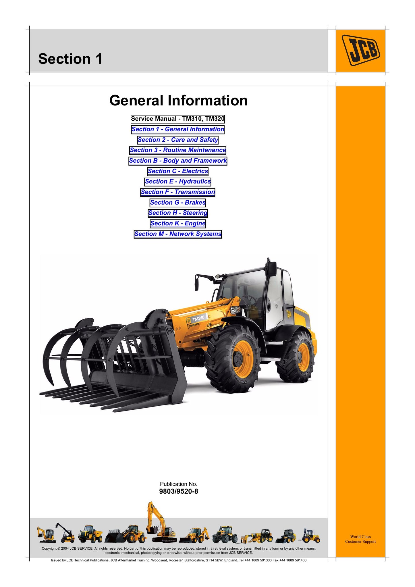 JCB TM310 TM320 Telehandler Factory Workshop Service Manual 9803/9520