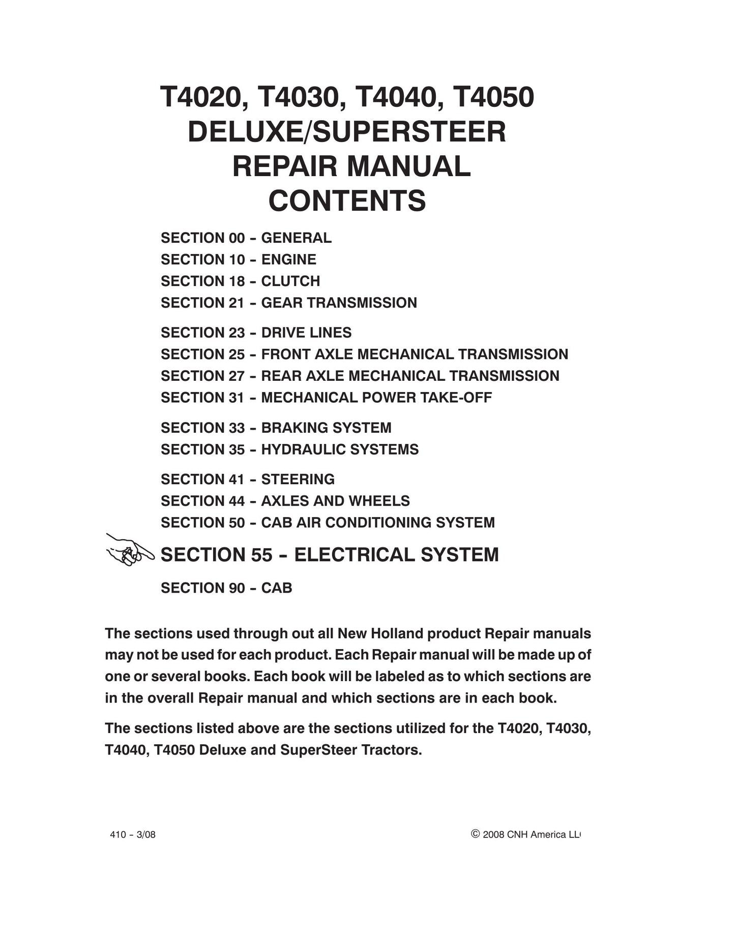NEW HOLLAND T4020 T4030 T4040 T4050 Tractor Factory Workshop Repair Manual 87758544