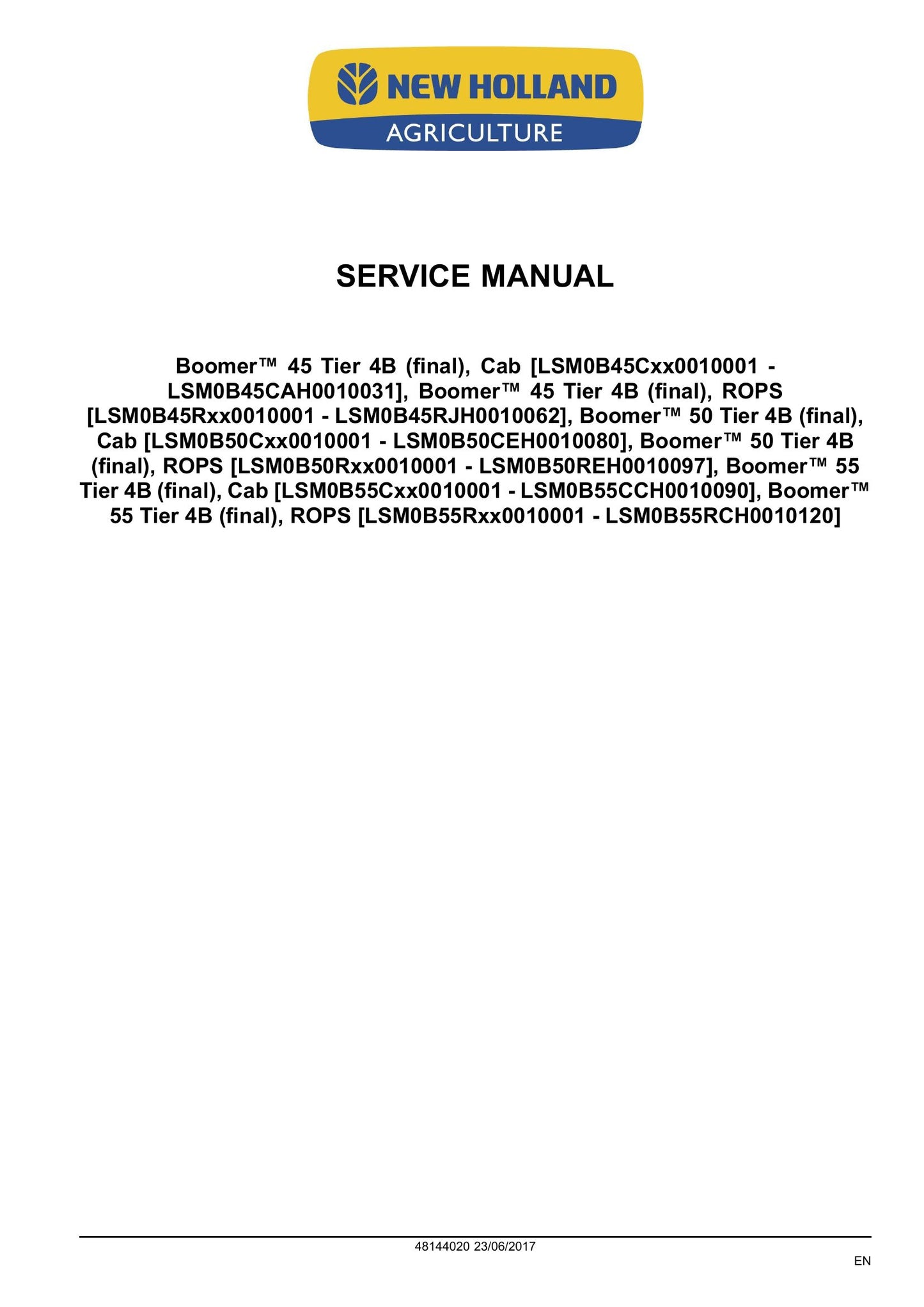 New Holland Boomer 45 Boomer 50 Boomer 55 Compact Tractor Factory Workshop Service Manual 48144020