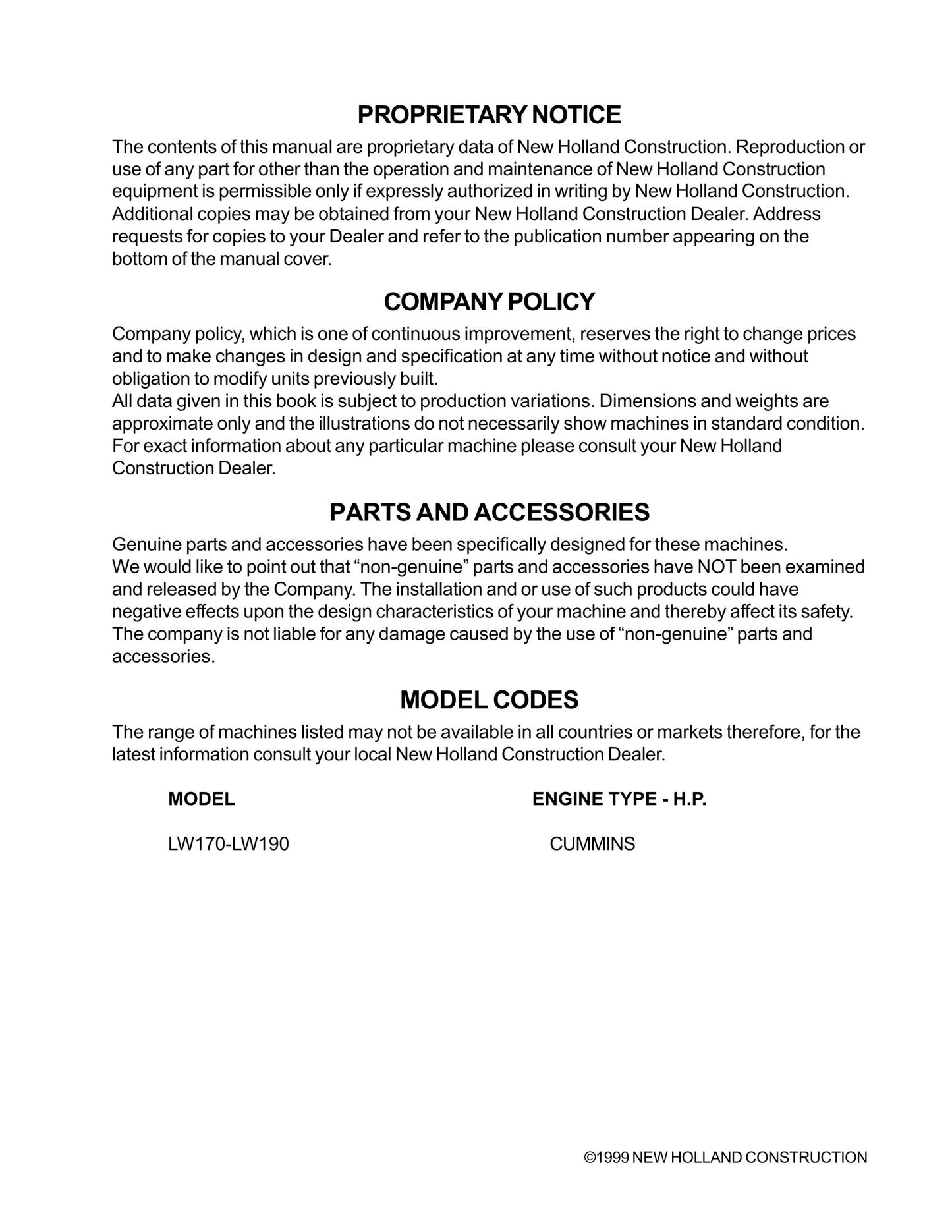 New Holland LW170 LW190 Wheel Loader Factory Workshop Service Manual