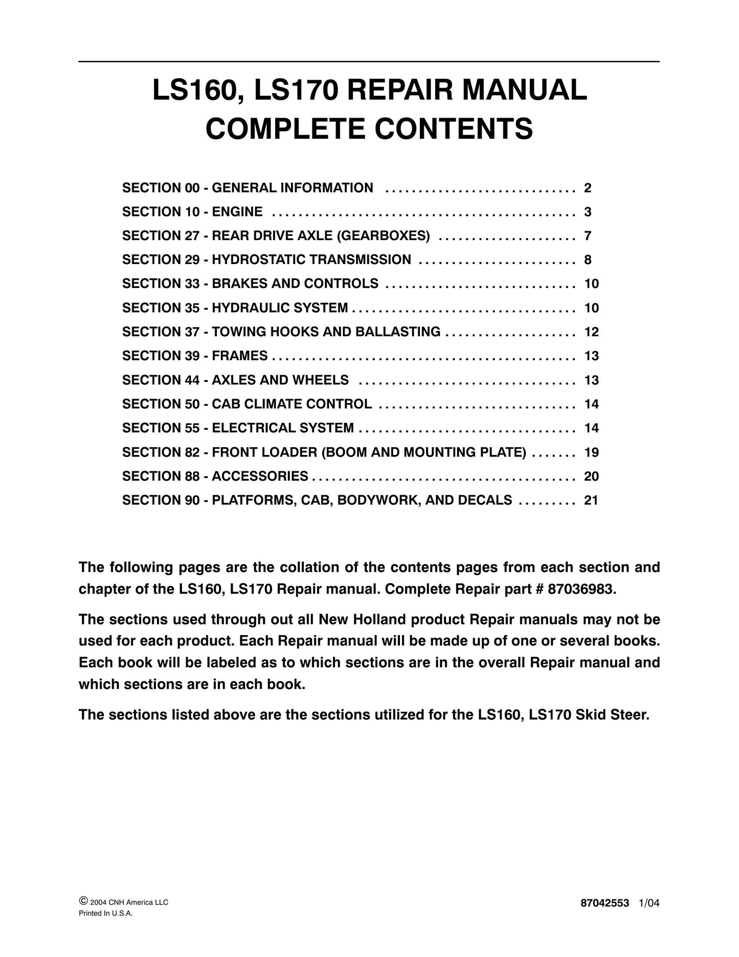 New Holland LS160 LS170 Skid Steer Loader Factory Workshop Repair Manual 87036983