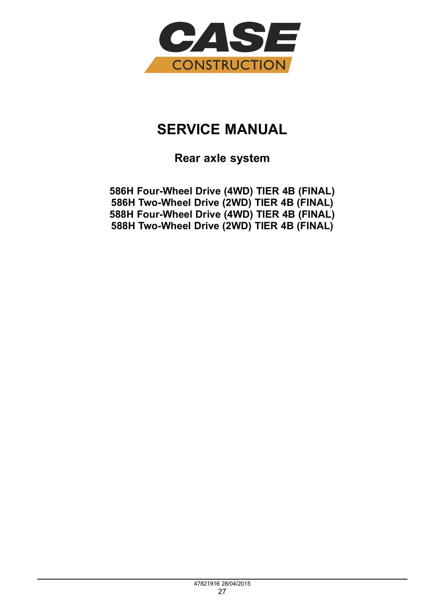 CASE 586H 588H Rough Terrain Forklift Factory Workshop Service Manual 47881828