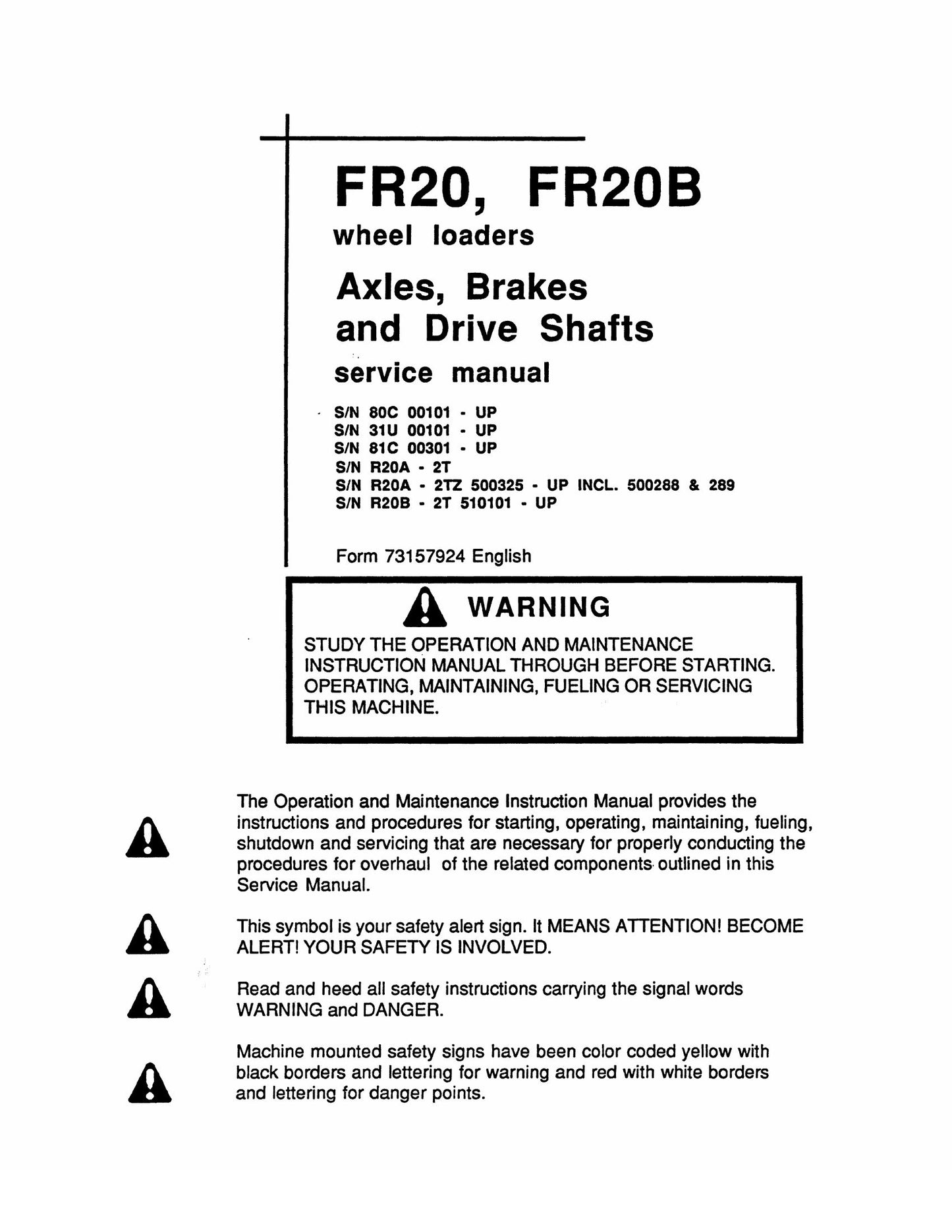 FIATALLIS FR20B FR20 Wheel Loader Factory Workshop Service Manual 73157924