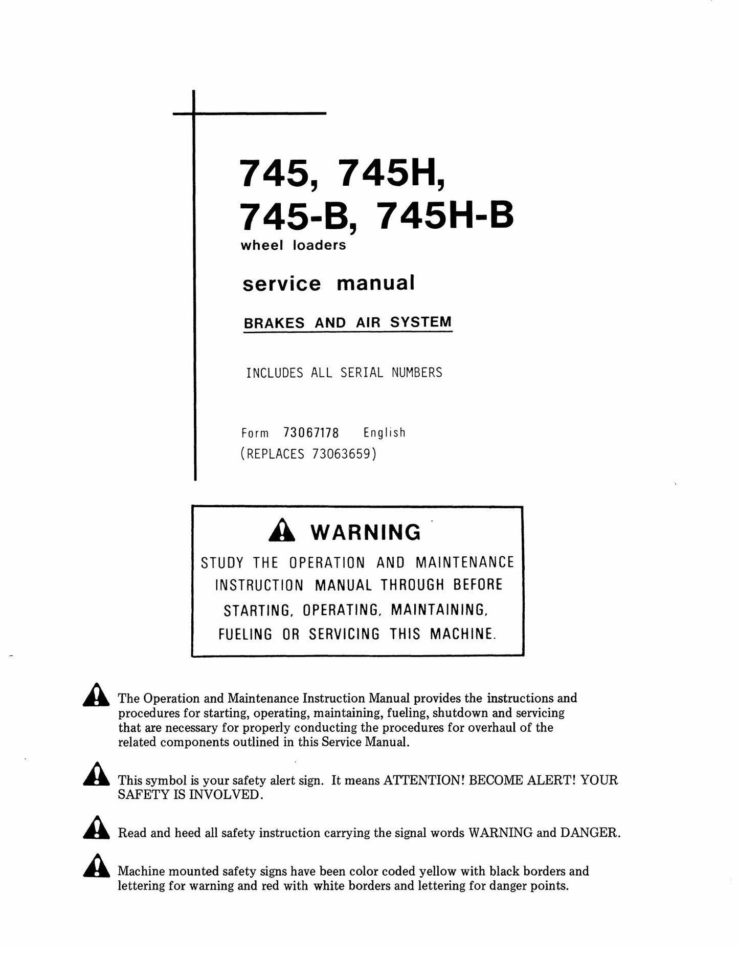 FIAT-ALLIS 745 745H 745-B 745H-B Wheel Loader Factory Workshop Service Manual 73067178