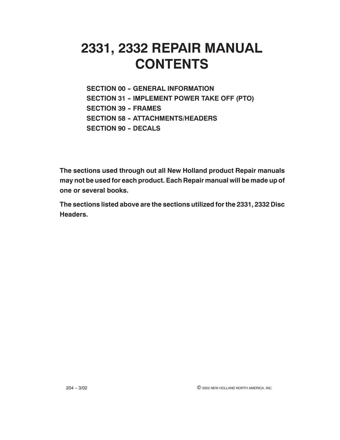 NEW HOLLAND 2331 2332 Disc Header Factory Workshop Repair Manual 86643834