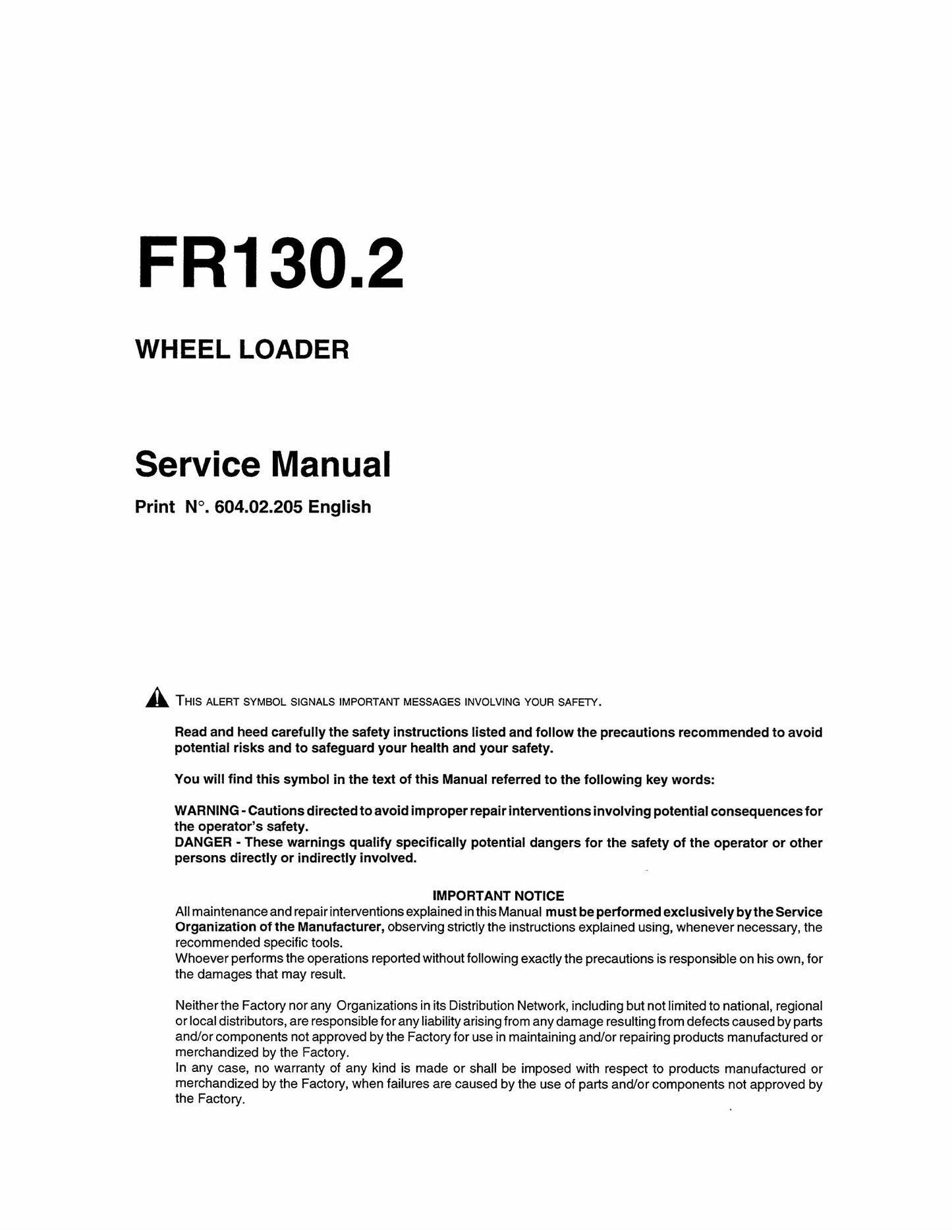 FIATALLIS FR130.2 Wheel Loader Factory Workshop Service Manual 604.02.205