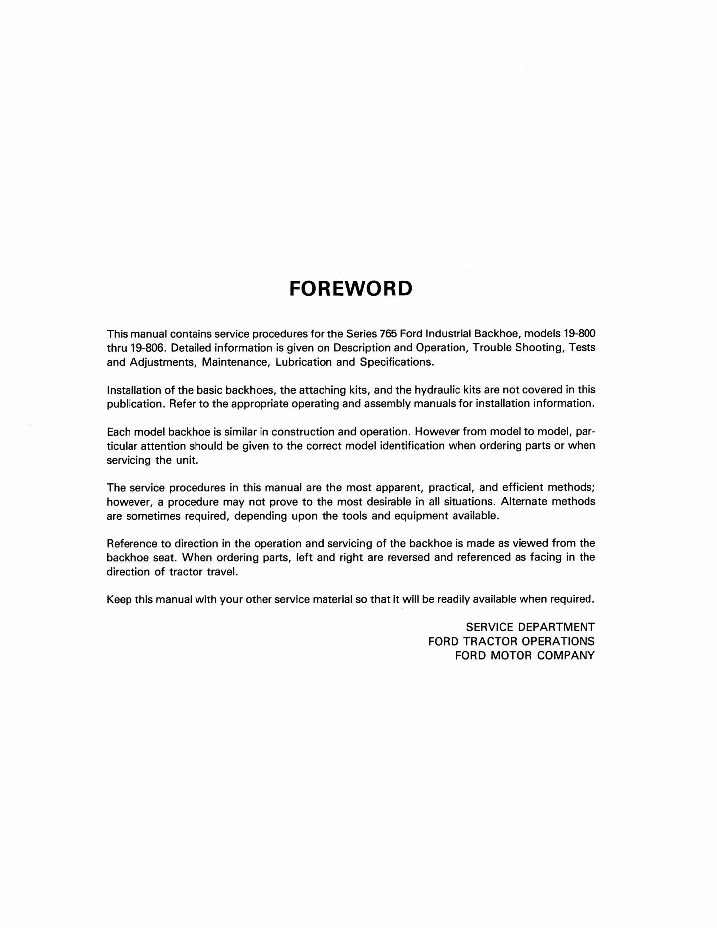 FORD Series 765 Backhoe Factory Workshop Repair Manual 42076511