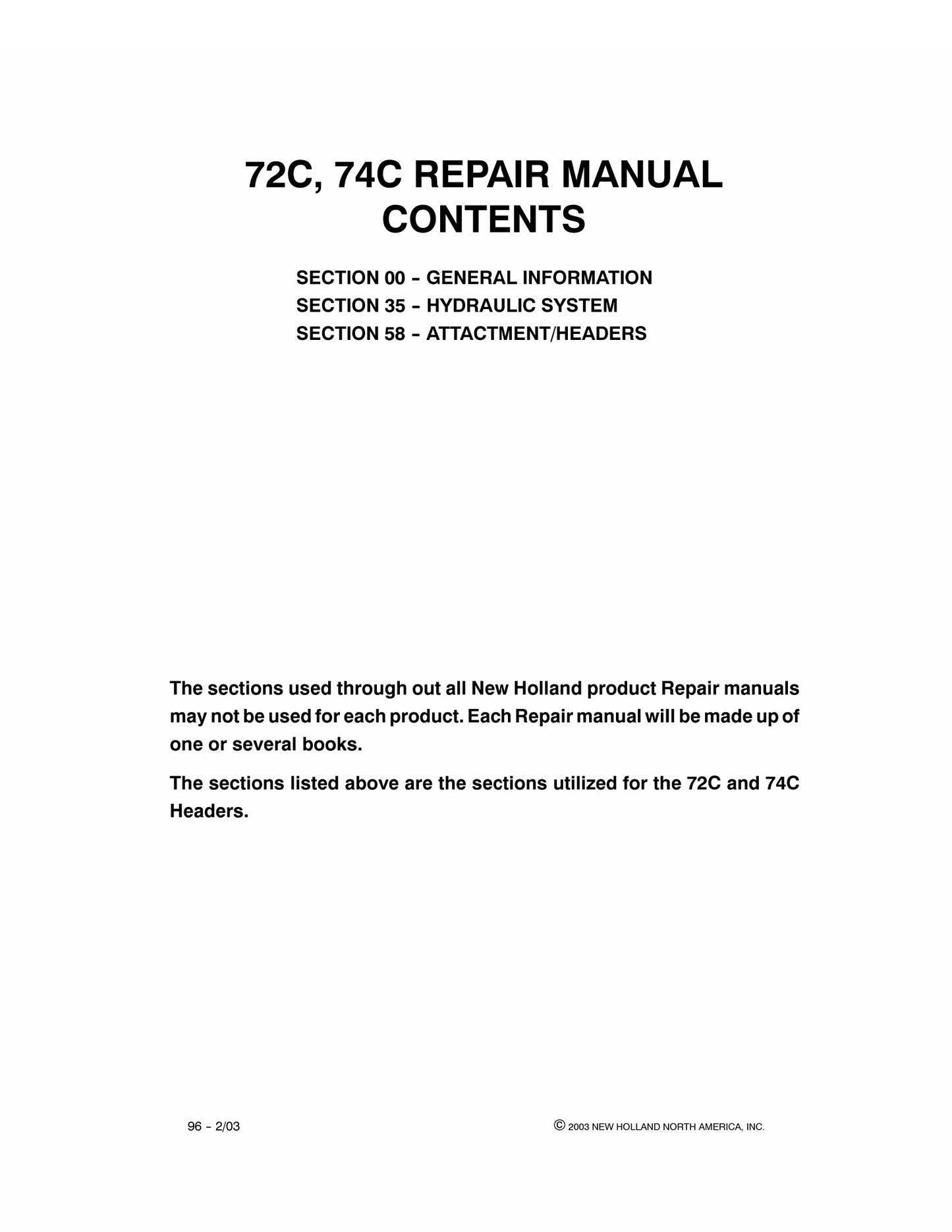 New Holland 72C 74C Attachment Header Factory Workshop Repair Manual