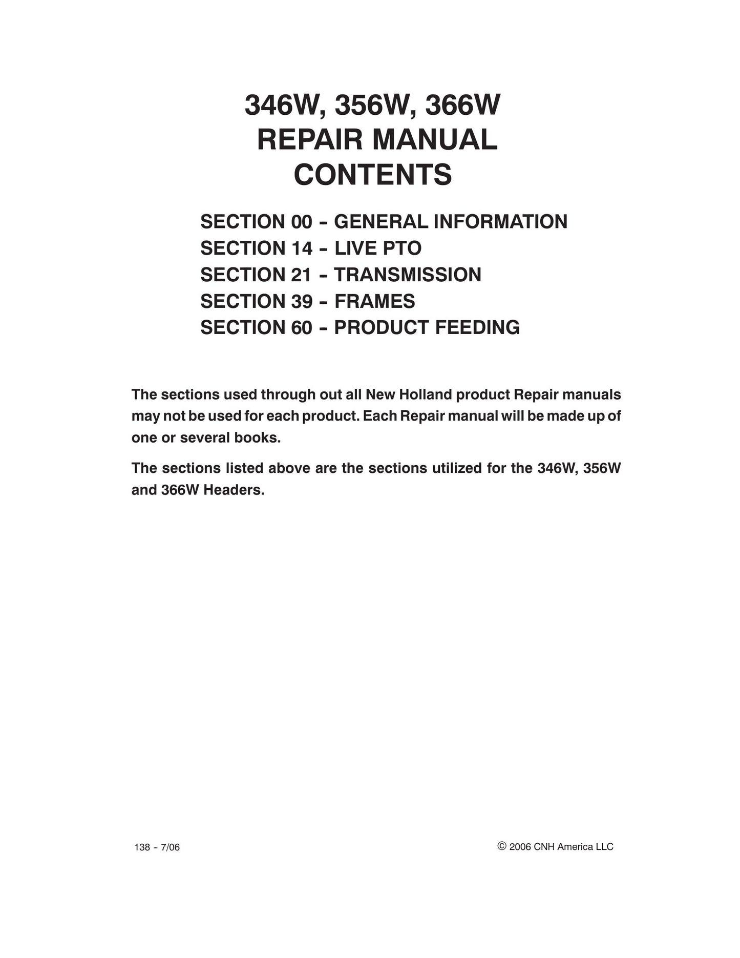 New Holland 346W 356W 366W Header Factory Workshop Repair Manual 87576103