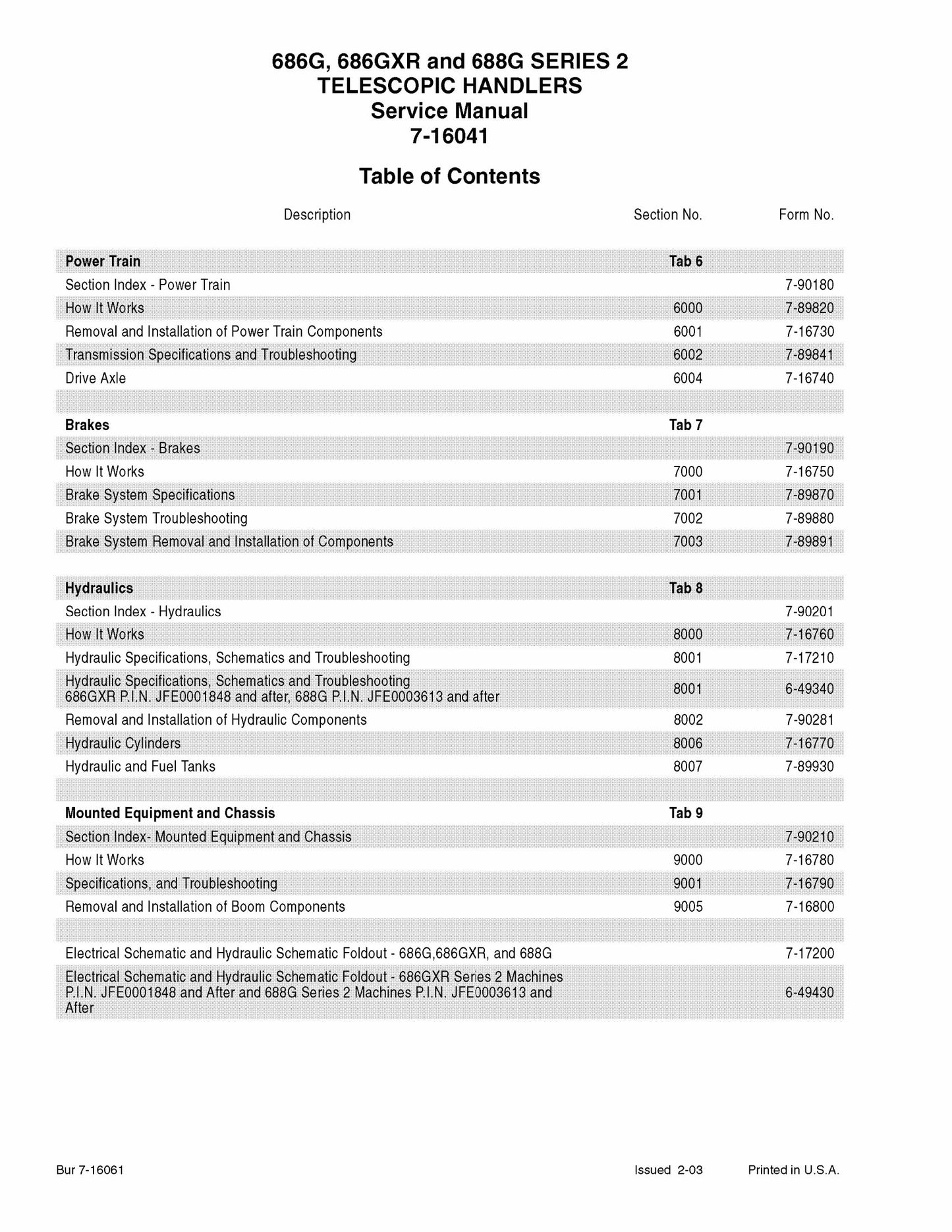 CASE 686G 686GXR 688G SERIES 2 Telescopic Handler Factory Workshop Service Manual 7-16041