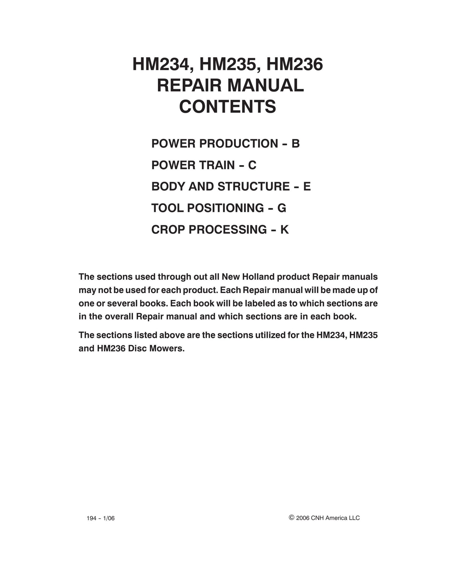 New Holland HM234 HM235 HM236 Disc Mower Factory Workshop Repair Manual 87392141