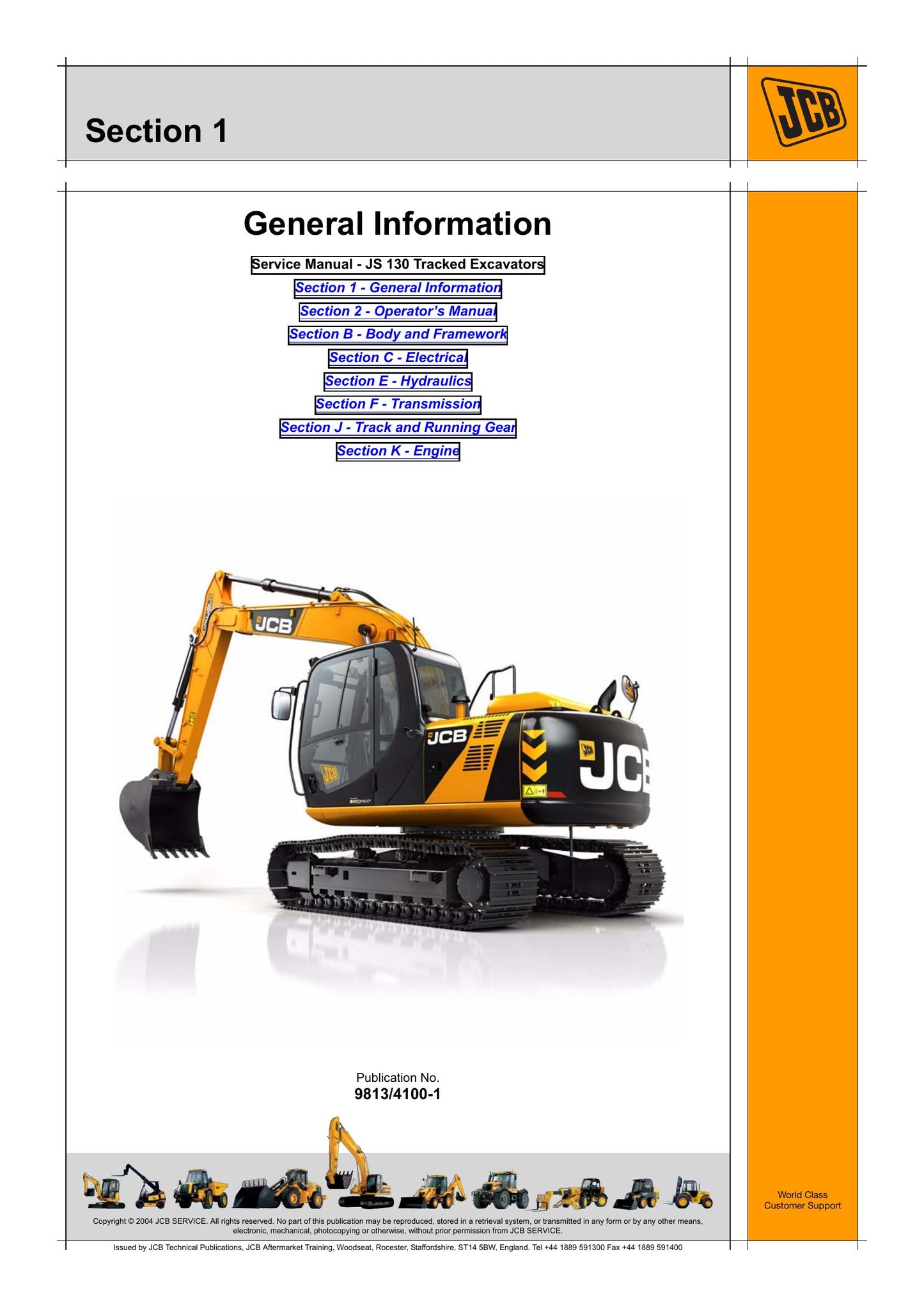 JCB JS130 Tracked Excavator Factory Workshop Service Manual 9813/4100-1