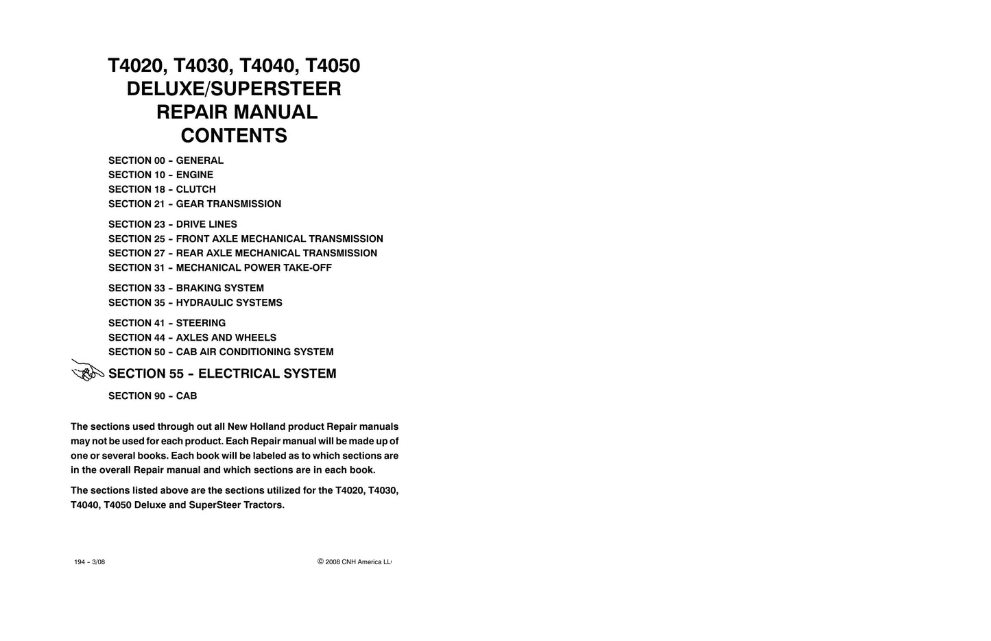 NEW HOLLAND T4020 T4030 T4040 T4050 Tractor Factory Workshop Repair Manual 87758544