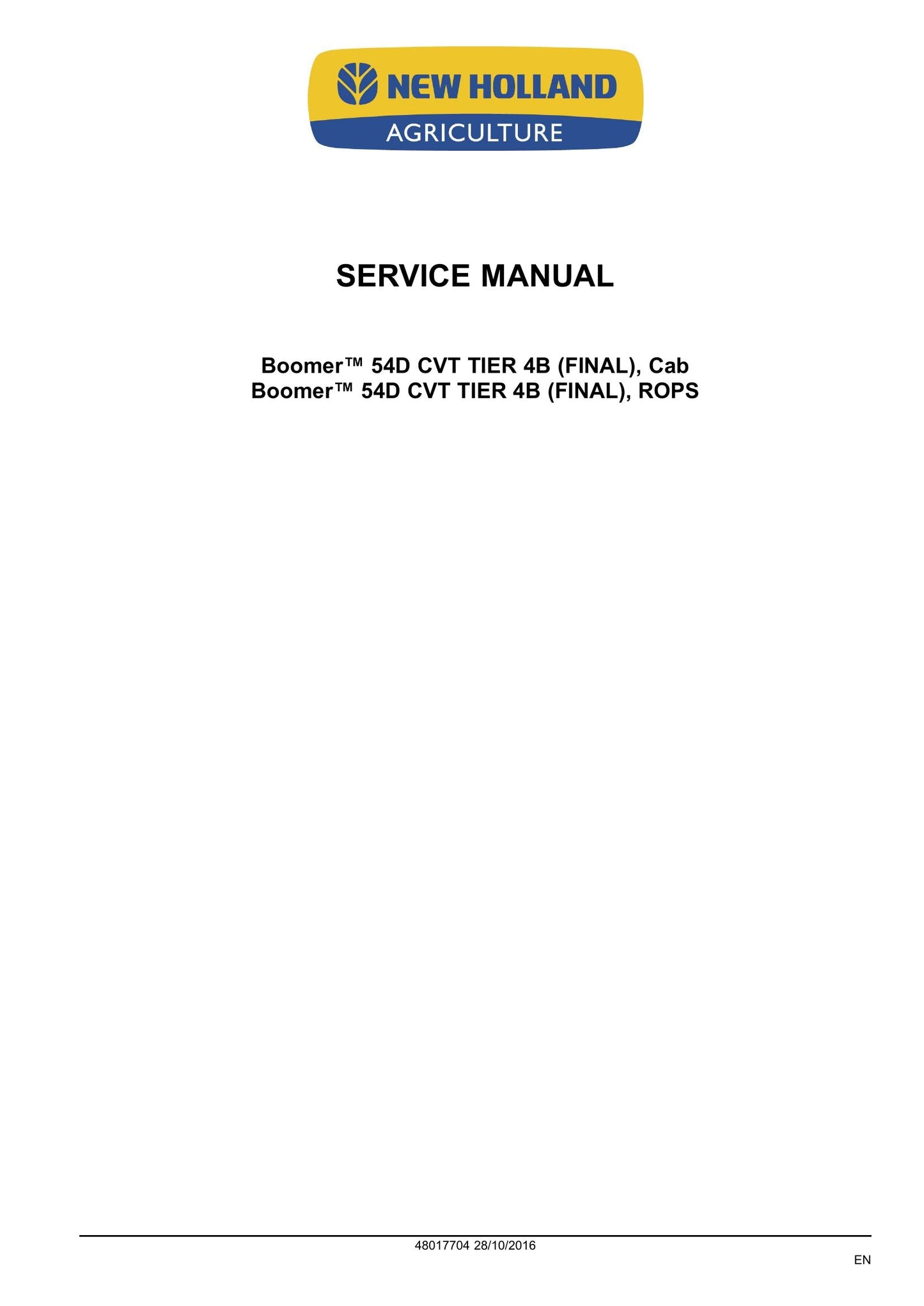 New Holland Boomer 54D CVT Tractor Factory Workshop Service Manual 48017704