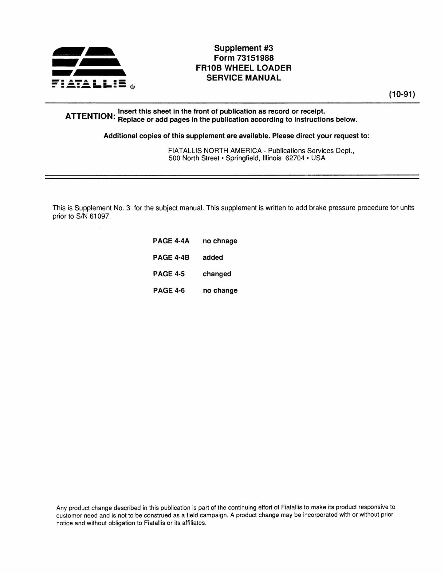 FIATALLIS FR10B Wheel Loader Factory Workshop Service Manual 73151988