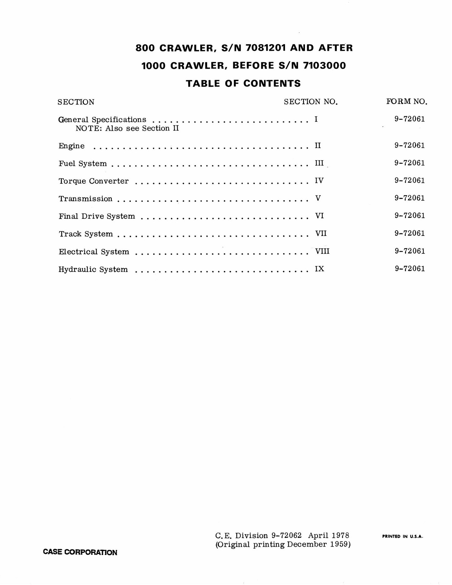 CASE 800 1000 Bulldozer Factory Workshop Service Manual 9-72062