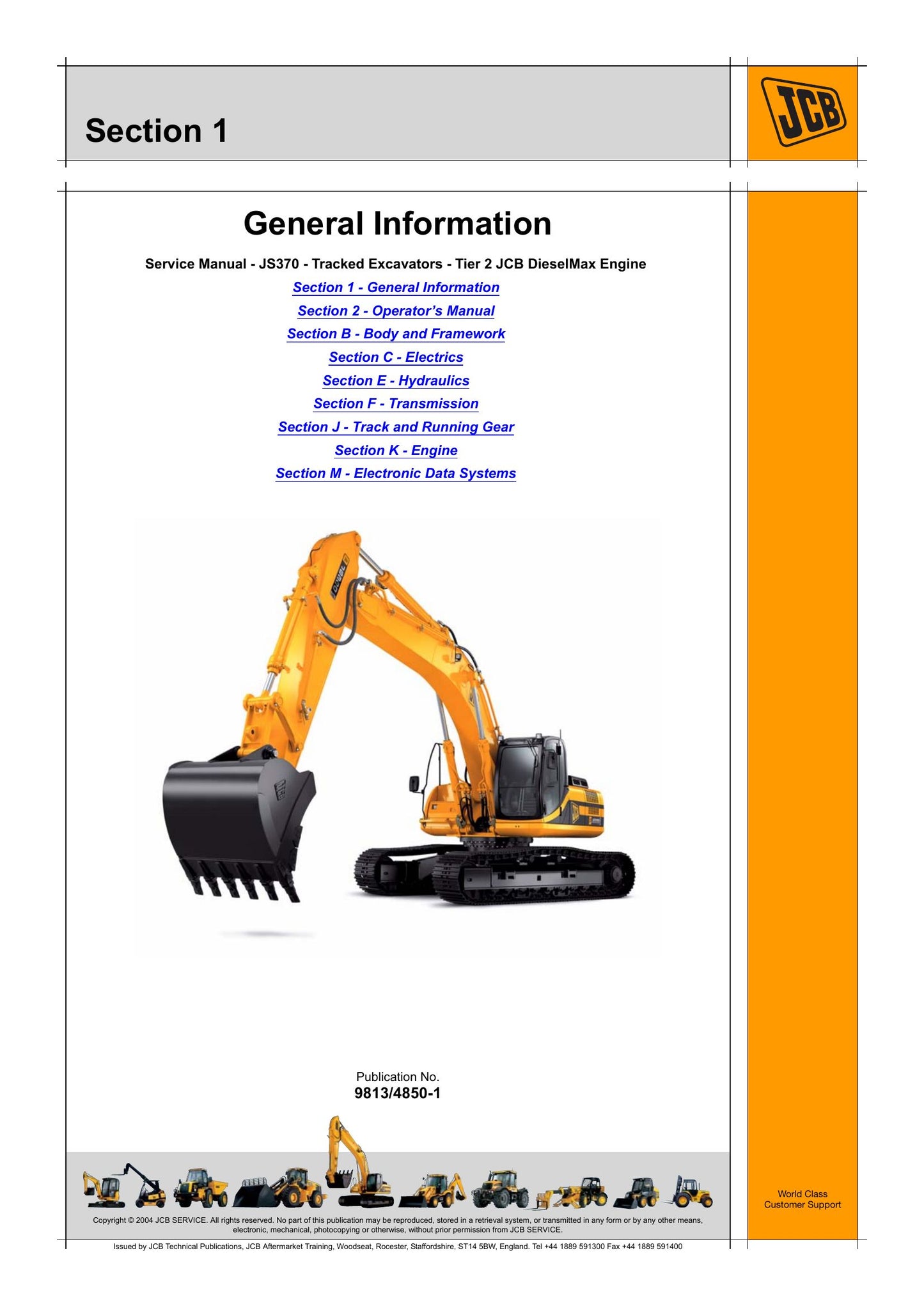 JCB JS370 Tracked Excavator Factory Workshop Service Manual 9813/4850-1