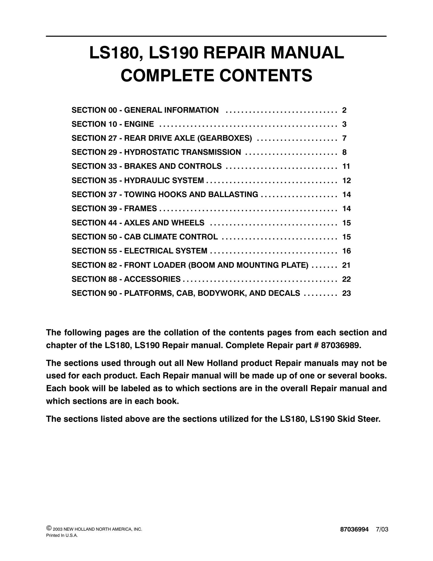 New Holland LS180 LS190 Skid Steer Loader Factory Workshop Repair Manual 87036989