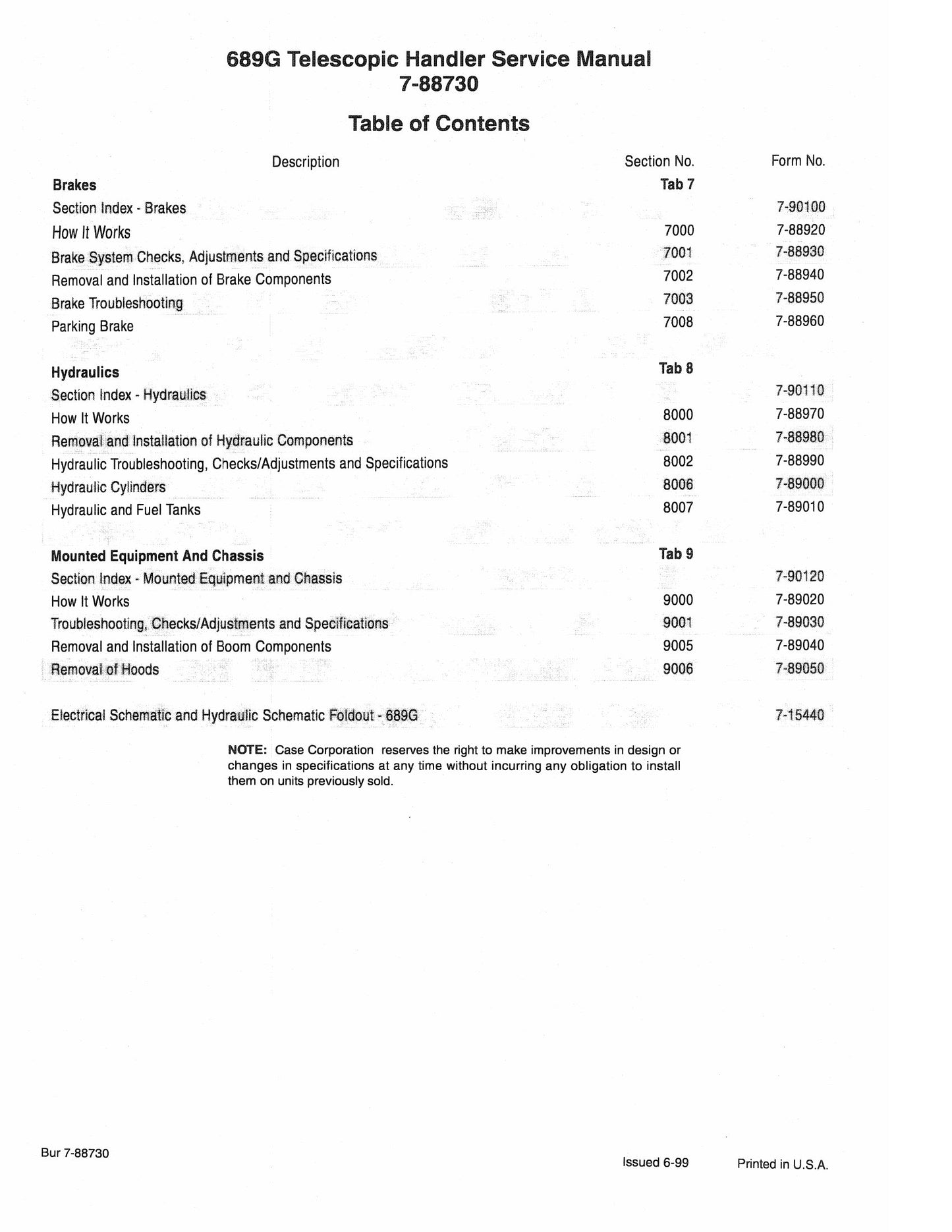 CASE 689G Telescopic Handler Factory Workshop Service Manual 7-88730