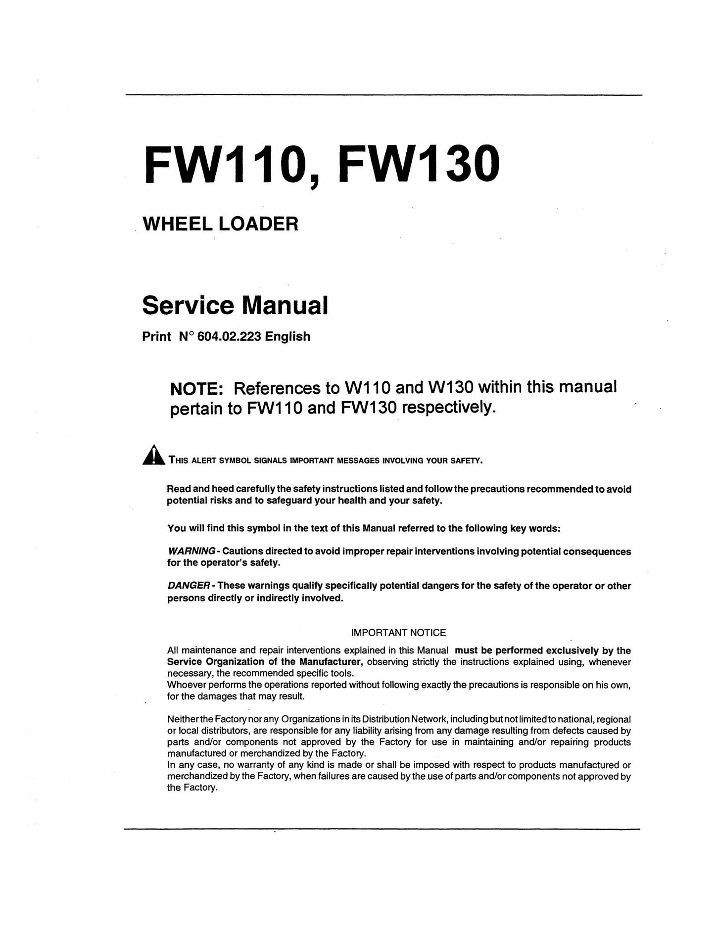 FIATALLIS FW110 FW130 Wheel Loader Factory Workshop Service Manual 60402223