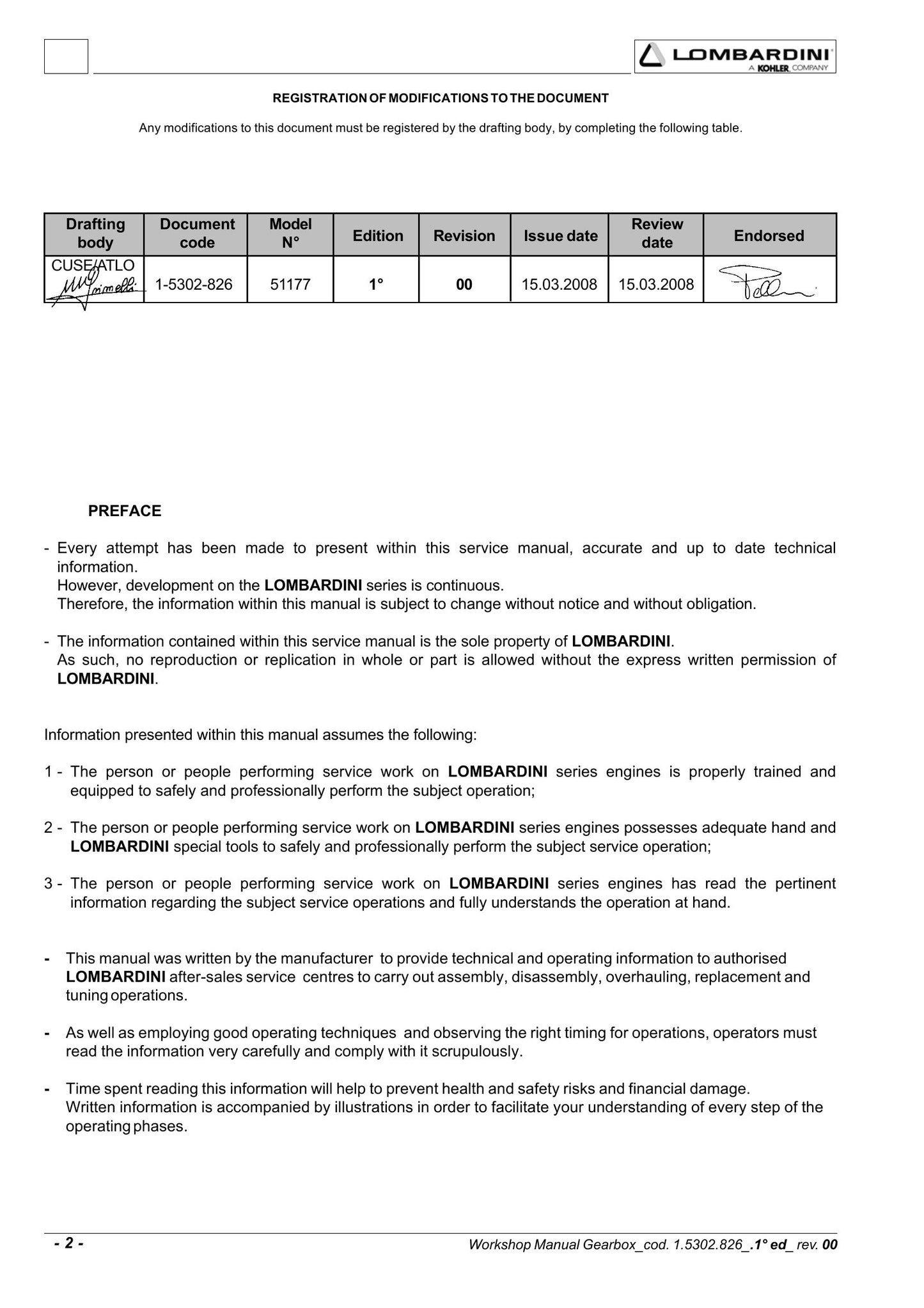 LOMBARDINI Gearbox Workshop Manual 1-5302-826