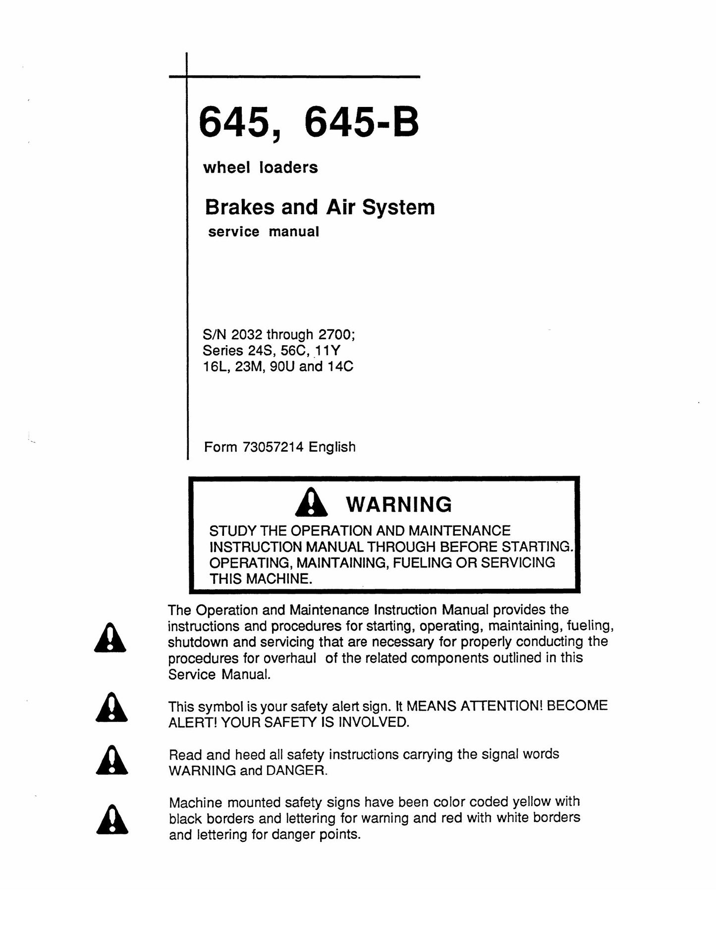 FIAT-ALLIS 645 645-B Wheel Loader Factory Workshop Service Manual 73057214
