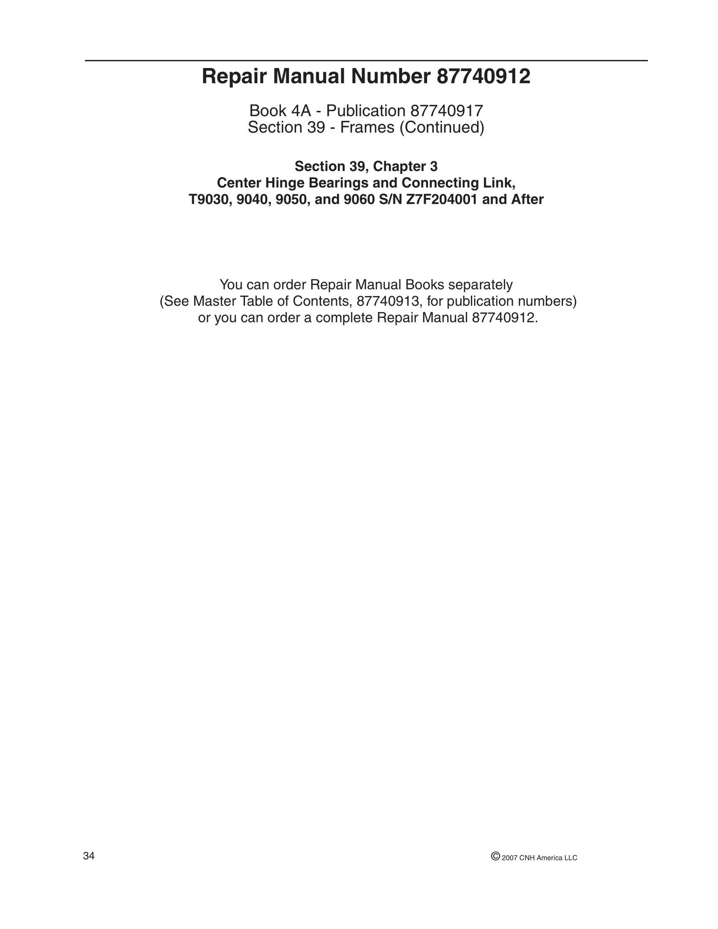 NEW HOLLAND T9030 T9040 T9050 T9060 Tractor Factory Workshop Repair Manual 87740917