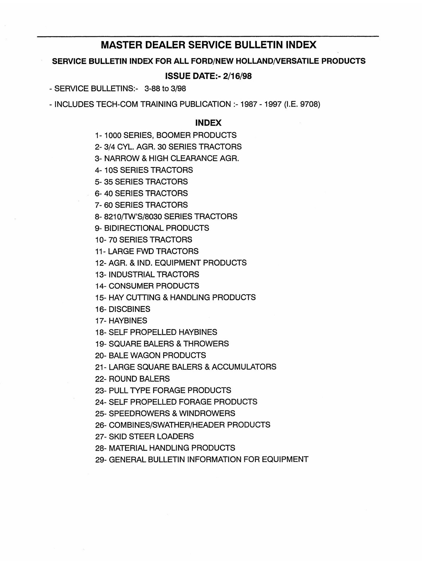 New Holland 1000 Series BOOMER Tractor Service Bulletin Index