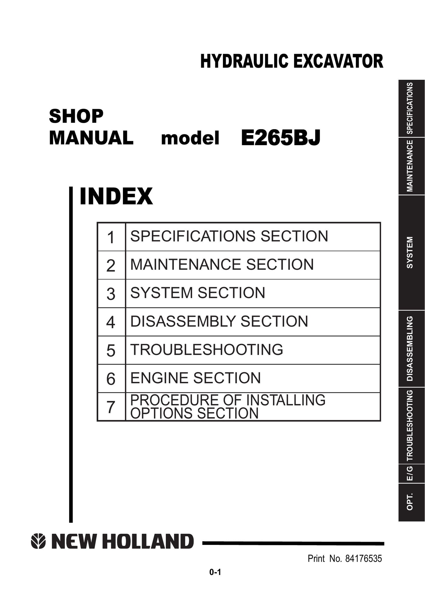 New Holland E265BJ Hydraulic Excavator Factory Workshop Shop Manual 84176535