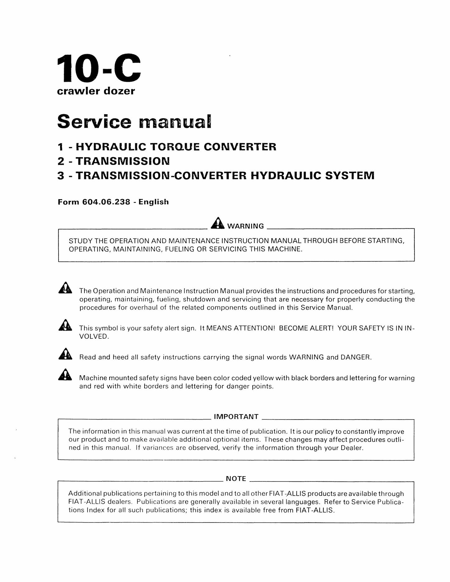 FIATALLIS 10 C Crawler Dozer Factory Workshop Service Manual 604.06.238