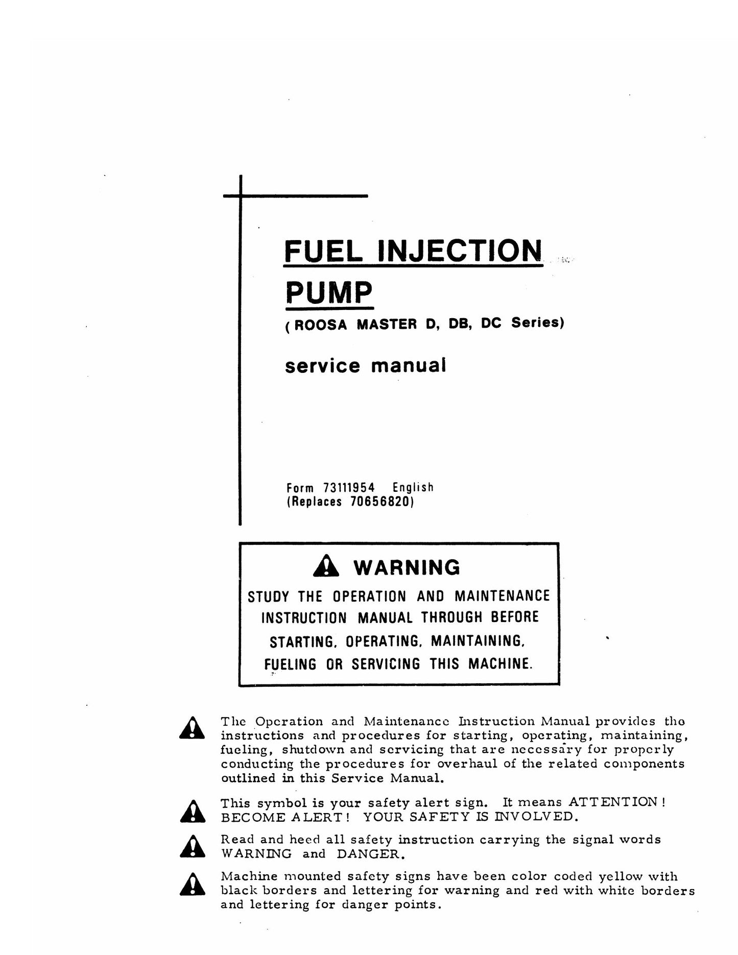 FIAT-ALLIS Roosa Master D DB DC Series Fuel Injection Pump Factory Workshop Service Manual 73111954