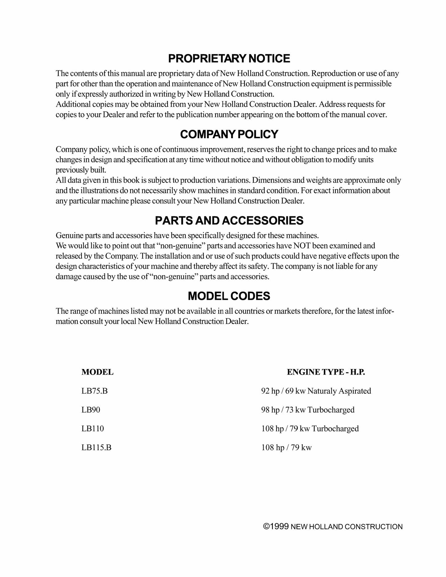 New Holland LB75.B LB90 LB110 LB115.B Backhoe Loader Factory Workshop Service Manual