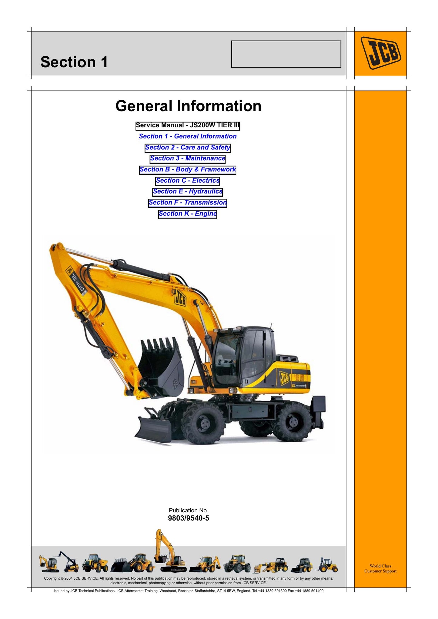 JCB JS200W TIER III Wheeled Excavator Factory Workshop Service Manual 9803/9540