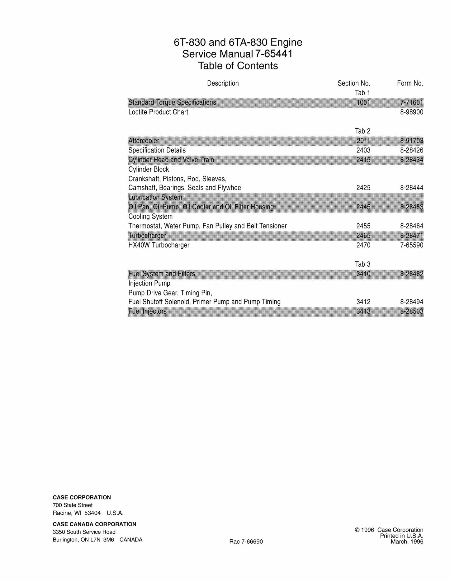 CASE 6T-830 6TA-830 Engine Factory Workshop Service Manual 7-65441