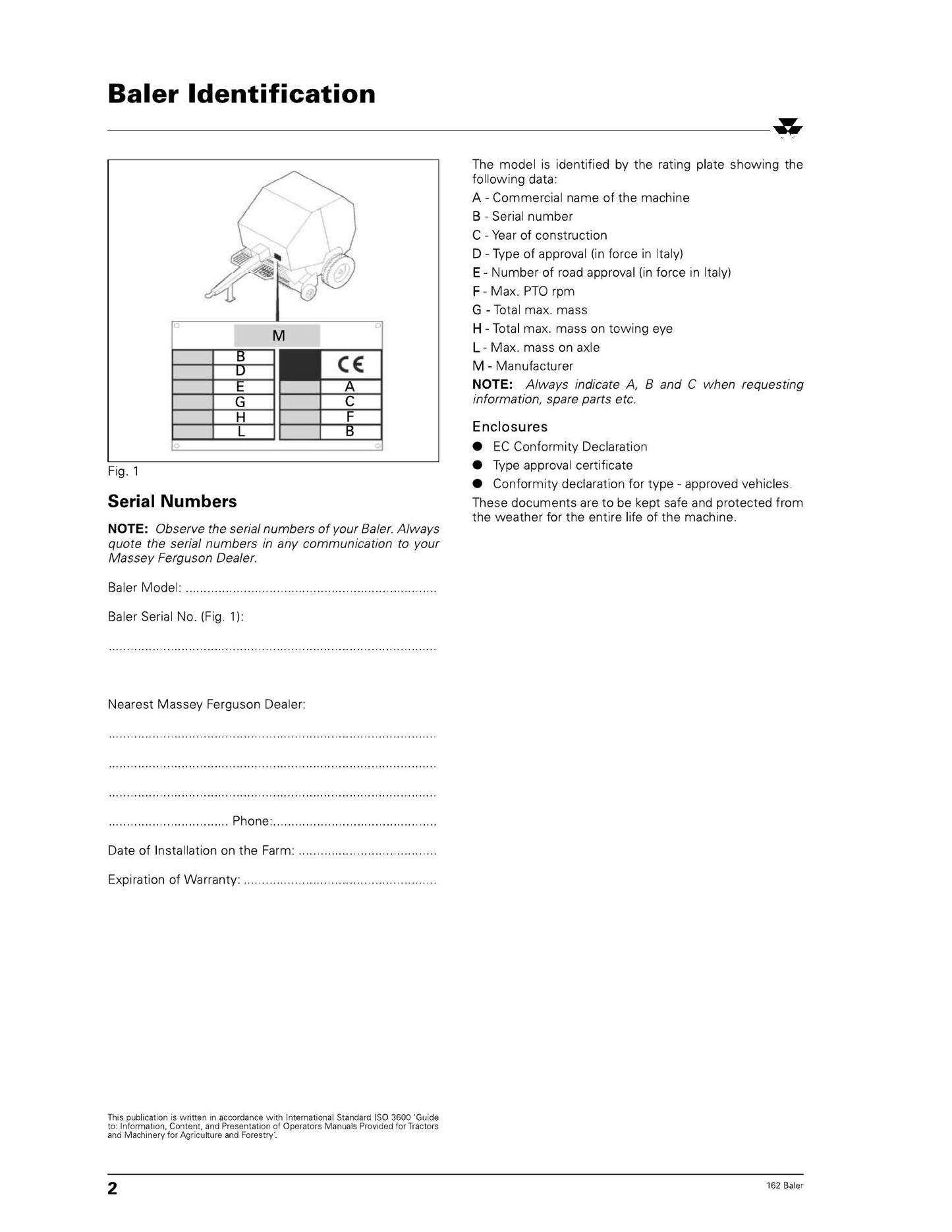 MASSEY FERGUSON MF 162 Baler Operator Instruction Book