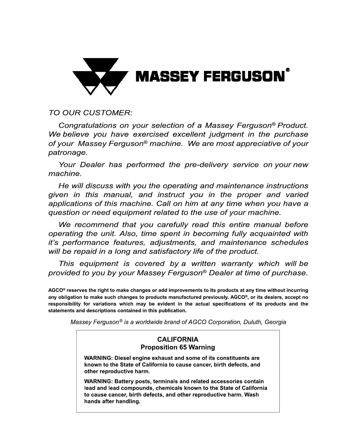 MASSEY FERGUSON MF9126 Auger Header Factory Workshop Operator Manual