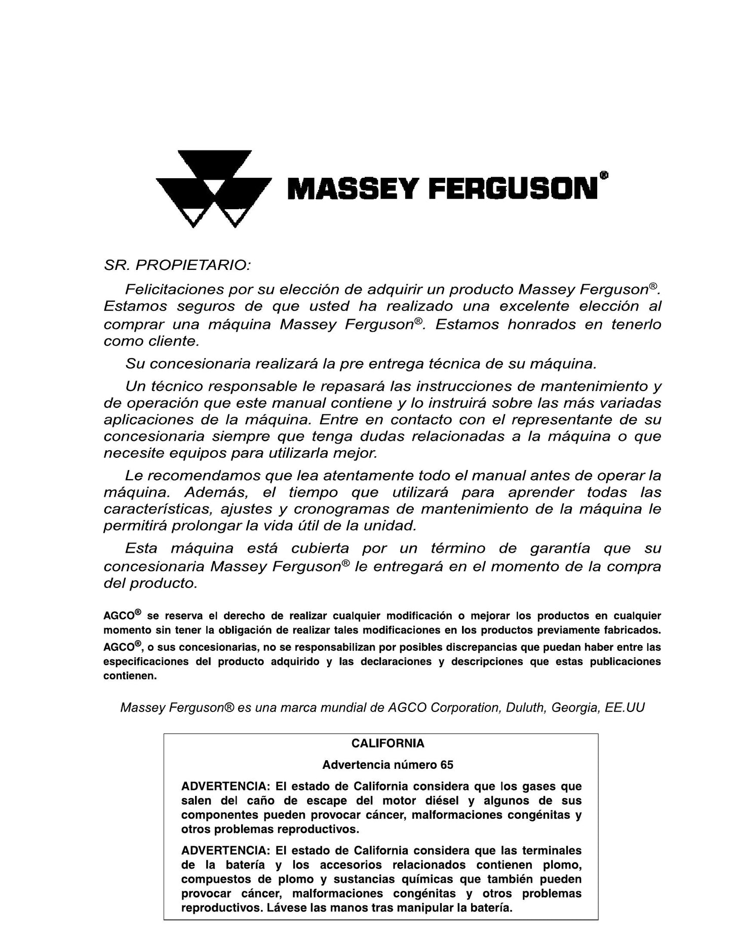 MASSEY FERGUSON 9695 9795 Combine Harvester Factory Workshop Operator Manual (ES)