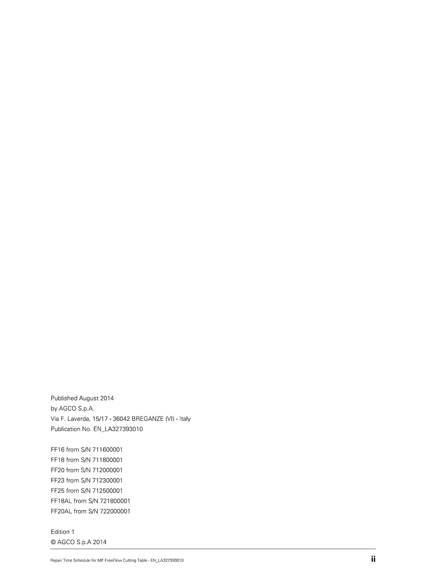 MASSEY FERGUSON FreeFlow Cutting Table Harvester Repair Time Schedule EN_LA327393010