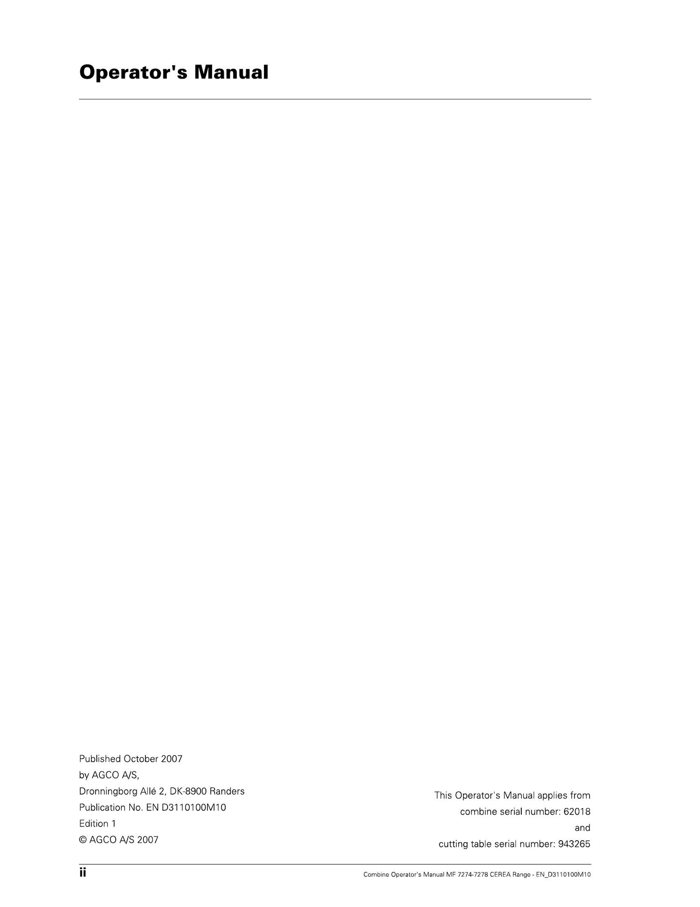 MASSEY FERGUSON CEREA 7274 CEREA 7278 Combine Factory Workshop Operator Manual EN_D3110100M10