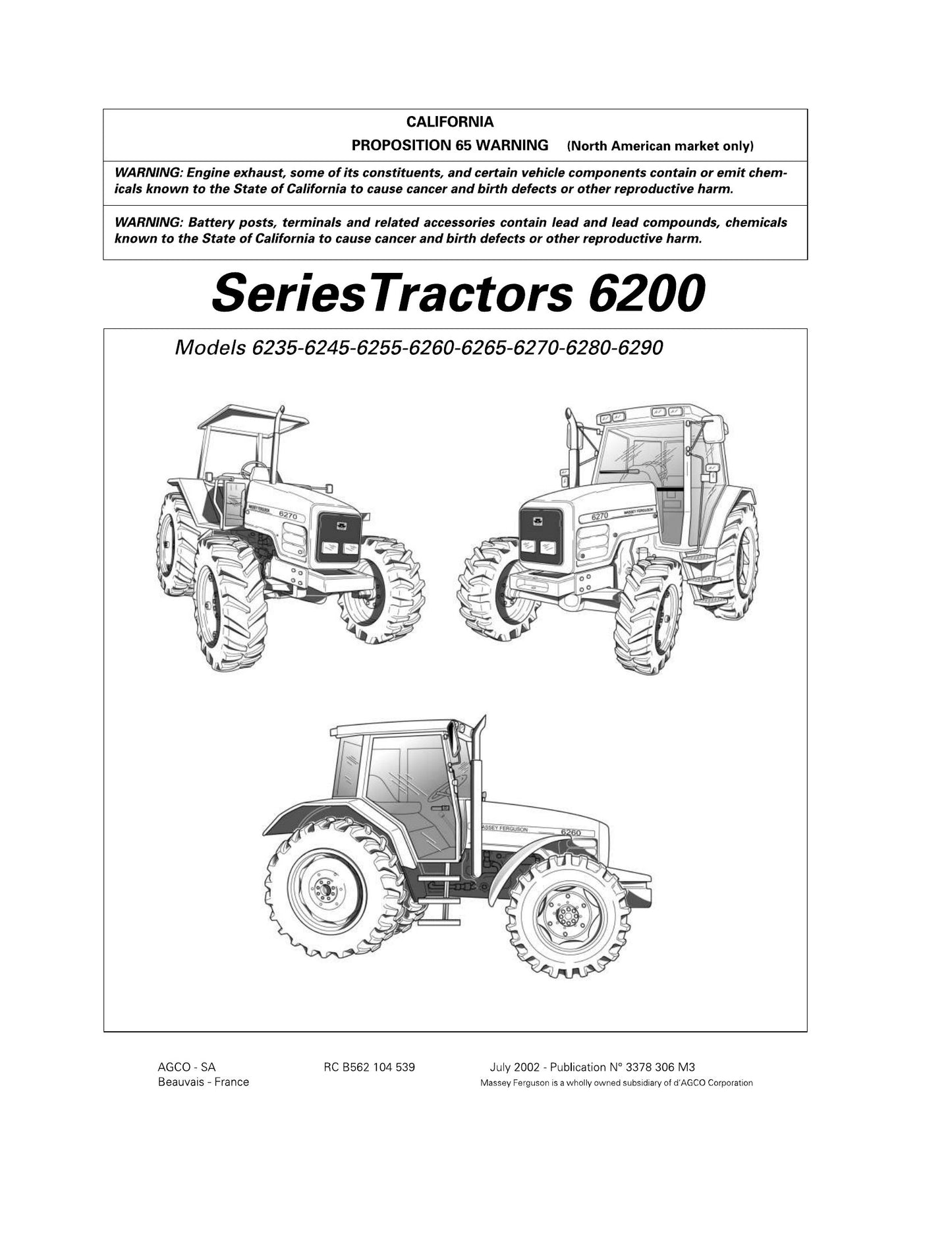 MASSEY FERGUSON 6235 6245 6255 6260 6265 6270 6280 6290 Tractor Factory Workshop Operator Manual 3378306 M3