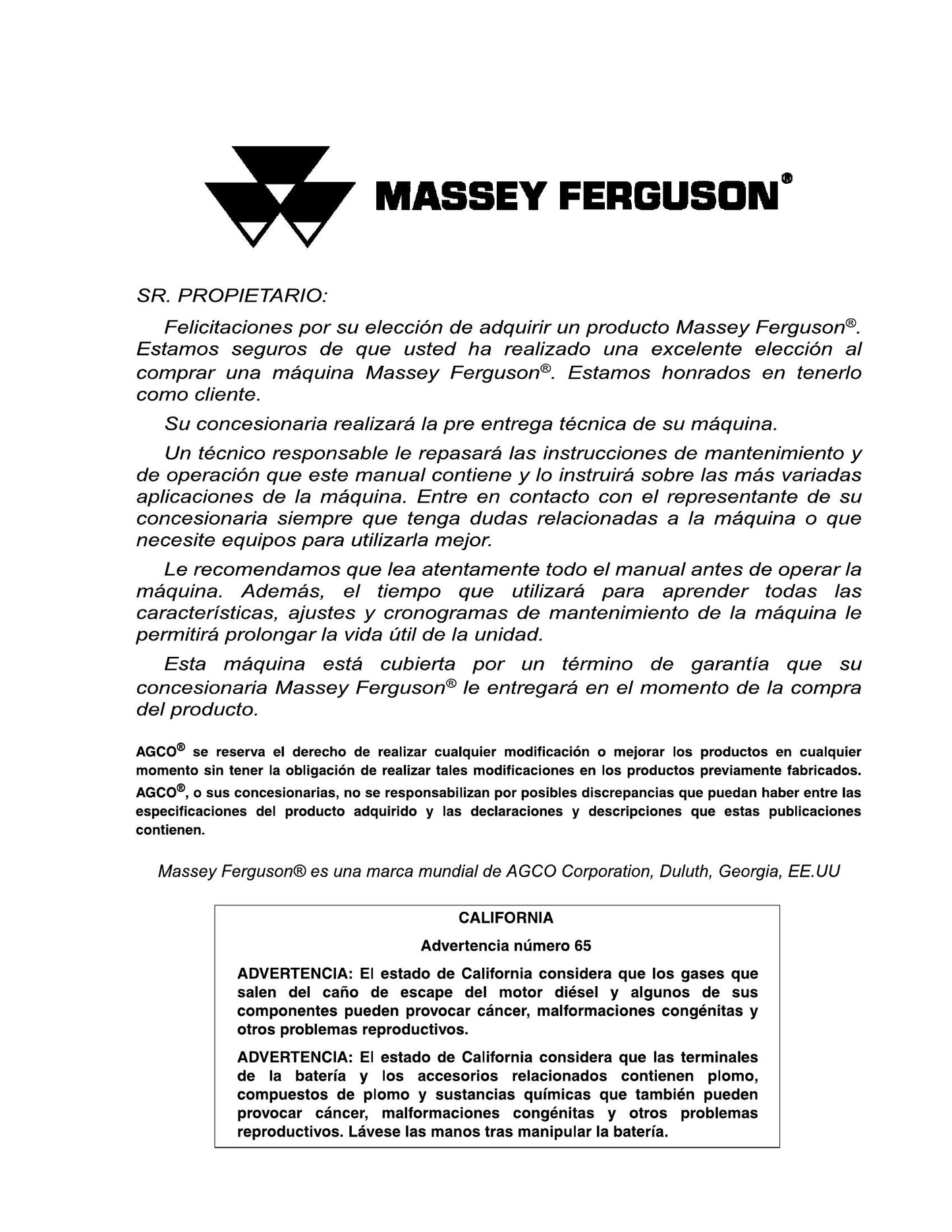 MASSEY FERGUSON L100 Skid Steer Loader Factory Workshop Operator Manual (ES)
