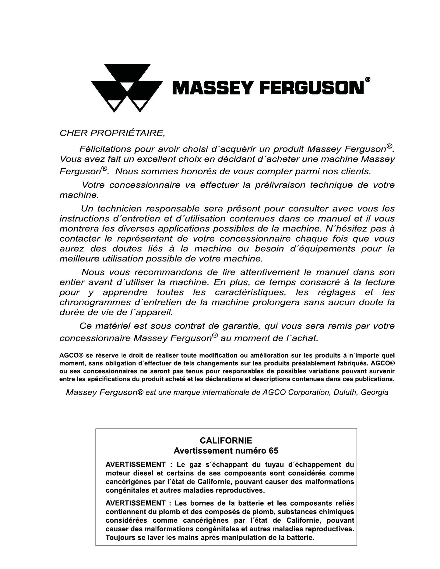 MASSEY FERGUSON L100 Wheel Loader Factory Workshop Operator Manual (FR)
